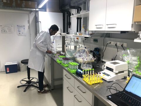 Ali Obeid working on the PFAS column experiments in the groundwater laboratory of TU Wien (water flows from right to left) - Photo by Thomas Oudega.jpg